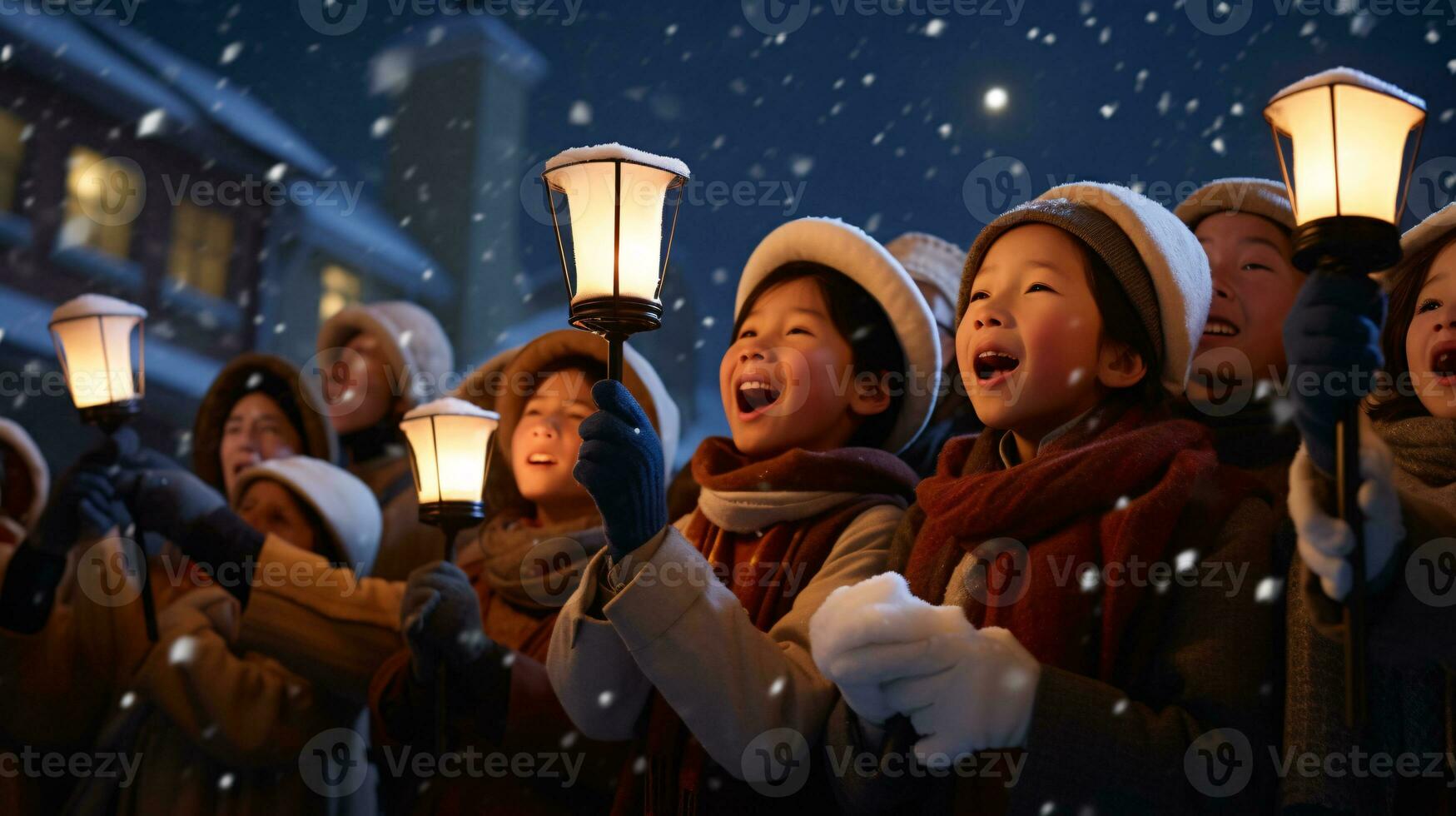 ai generativo gente, niños y adultos de diferente etnia y cultura, canto Navidad villancicos por noche con vela en su manos foto