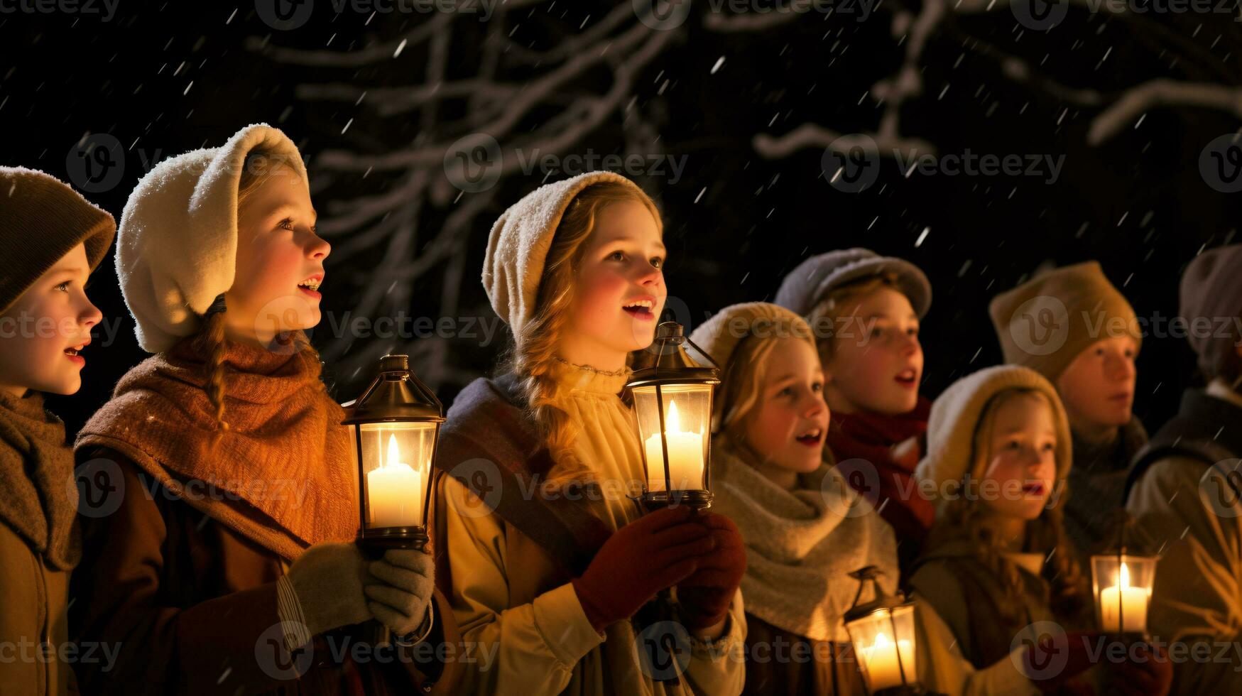 ai generativo gente, niños y adultos de diferente etnia y cultura, canto Navidad villancicos por noche con vela en su manos foto