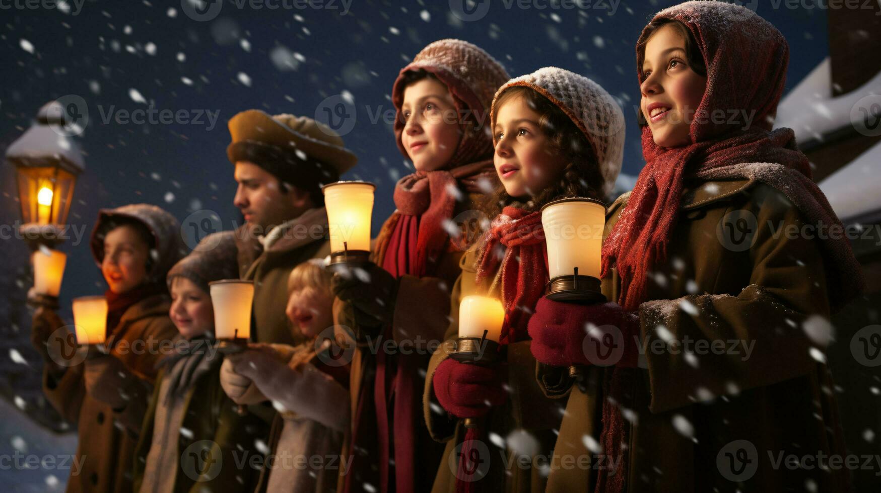 ai generativo gente, niños y adultos de diferente etnia y cultura, canto Navidad villancicos por noche con vela en su manos foto