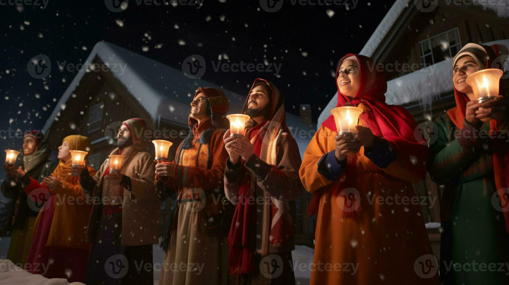 ai generativo gente, niños y adultos de diferente etnia y cultura, canto Navidad villancicos por noche con vela en su manos foto