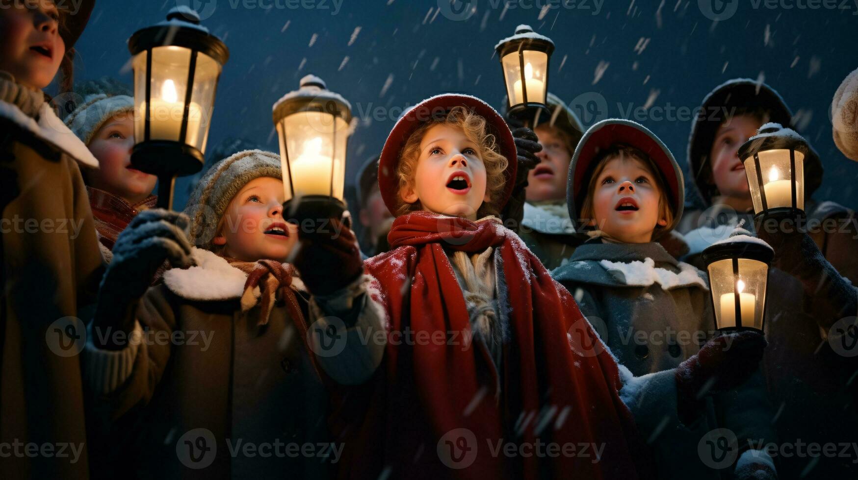 ai generativo gente, niños y adultos de diferente etnia y cultura, canto Navidad villancicos por noche con vela en su manos foto