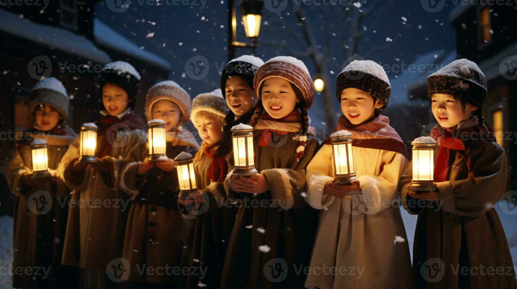 ai generativo gente, niños y adultos de diferente etnia y cultura, canto Navidad villancicos por noche con vela en su manos foto