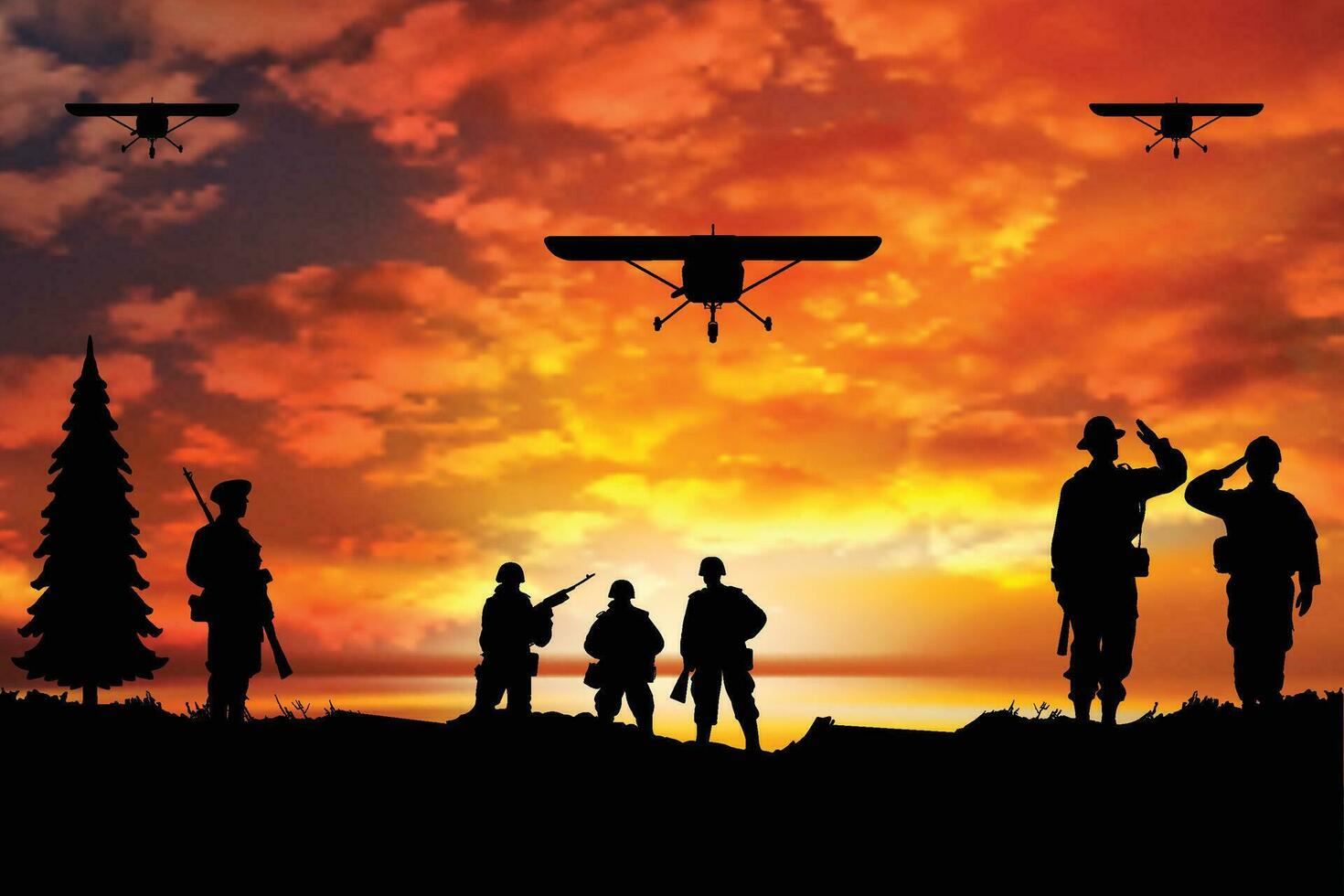 Silhouetted People and Airplanes Against an Orange and Yellow Sunset Sky with Clouds vector