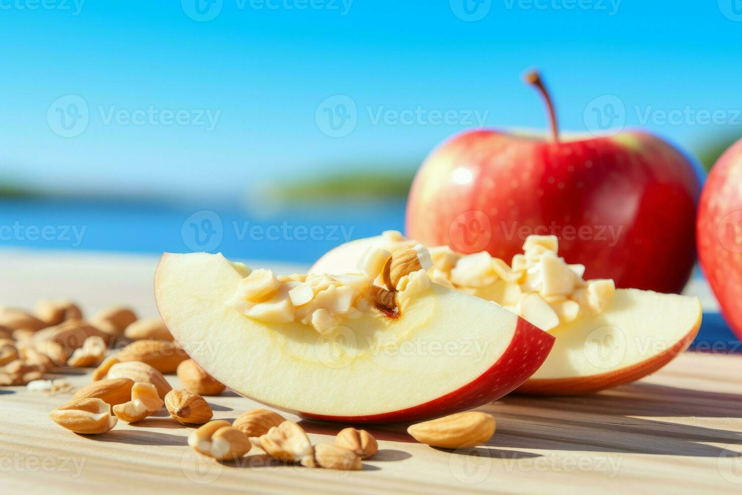 Slice of fresh apple with peanut butter sliced food. Generate Ai photo