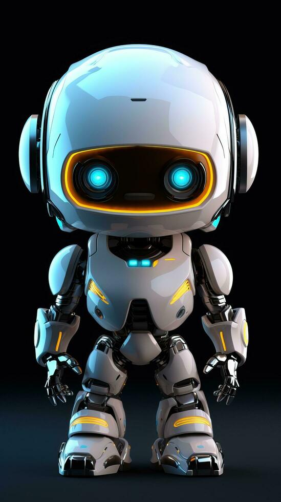 Cute futuristic small white robot with dark background. Generative AI photo