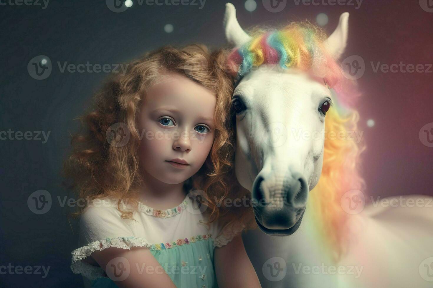 pequeño niña con blanco unicornio. generar ai foto