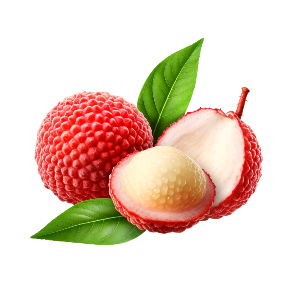 Fresh red lychee with leaves Generative Ai png