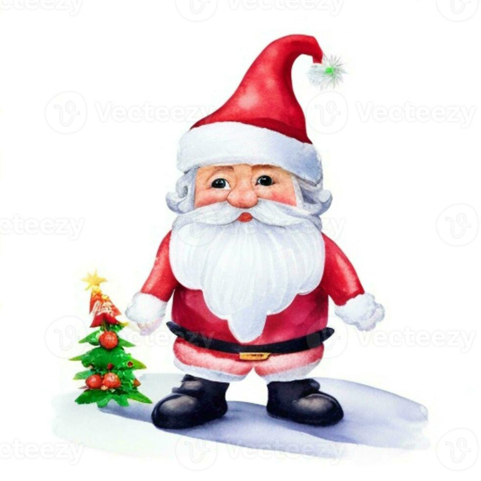 cute gnome santa claus cartoon hand draw cartoon style and christmas tree on white background, watercolor photo