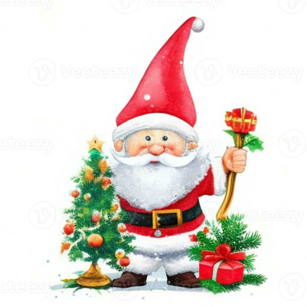 cute gnome santa claus cartoon hand draw cartoon style and christmas tree on white background, watercolor photo