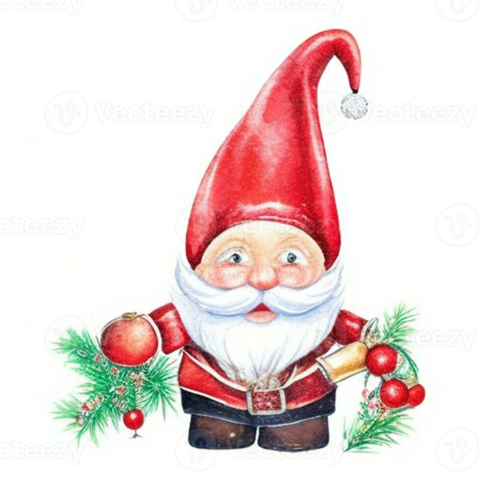 cute gnome santa claus cartoon hand draw cartoon style and christmas tree on white background, watercolor photo