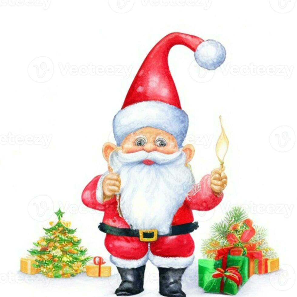 cute gnome santa claus cartoon hand draw cartoon style and christmas tree on white background, watercolor photo