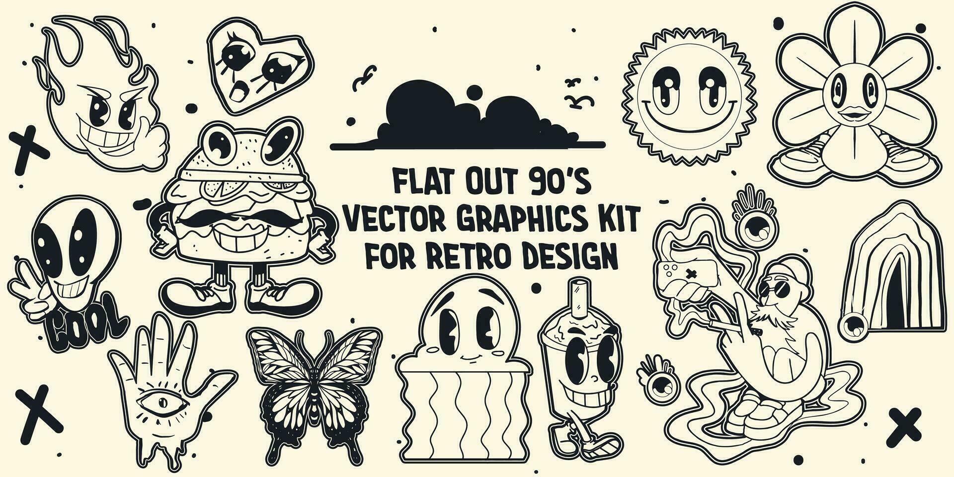 desgarrando y fabuloso 90s icono vector gráficos paquete para ropa y ropa de calle diseño