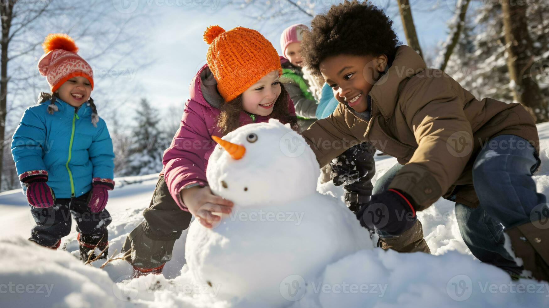 ai generative Children of different ethnicities building snowman in park with big snow blanket photo