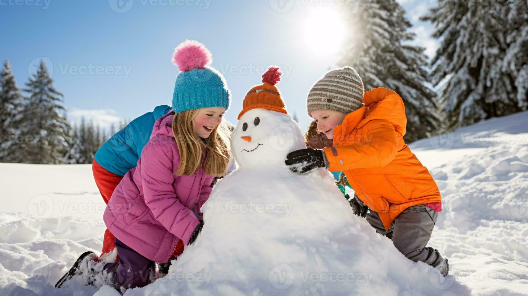 ai generative Children of different ethnicities building snowman in park with big snow blanket photo