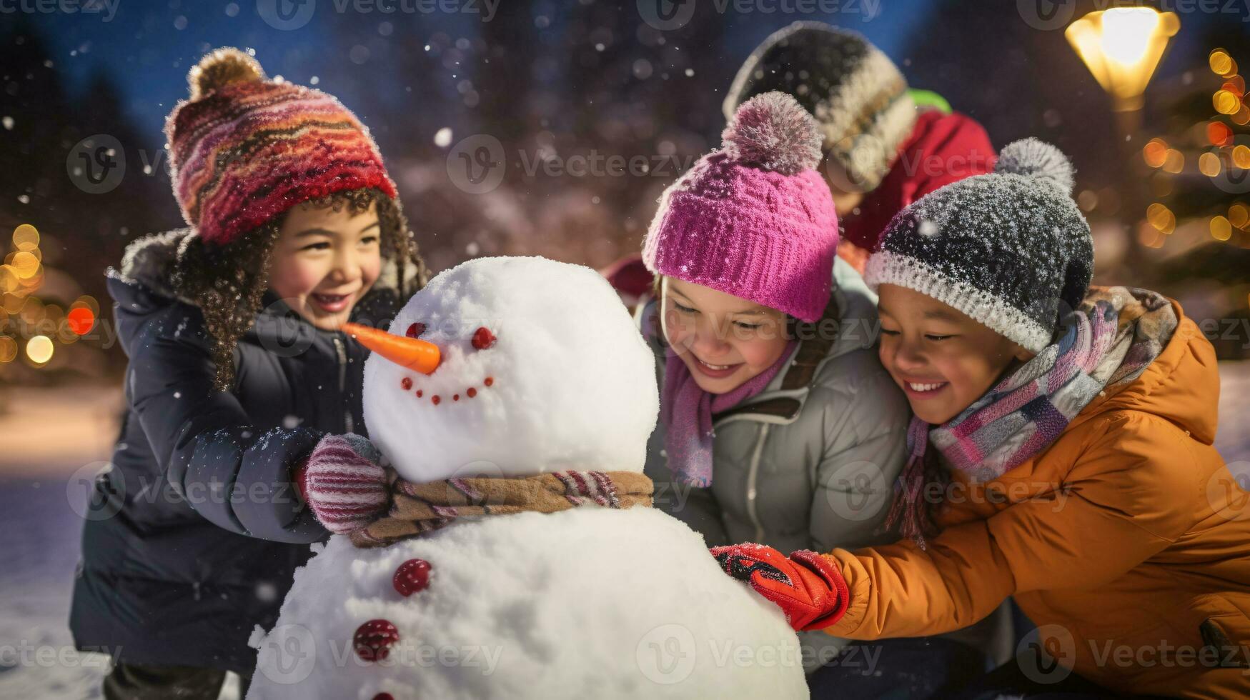ai generative Children of different ethnicities building snowman in park with big snow blanket photo