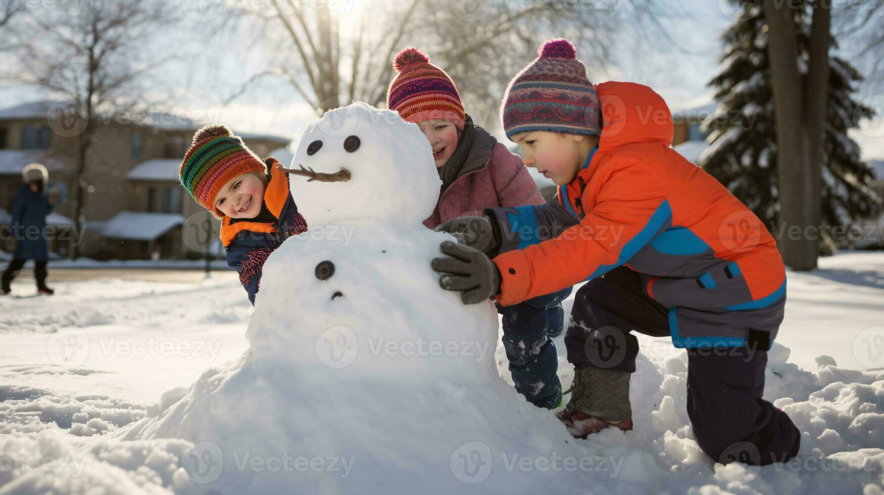 ai generative Children of different ethnicities building snowman in park with big snow blanket photo
