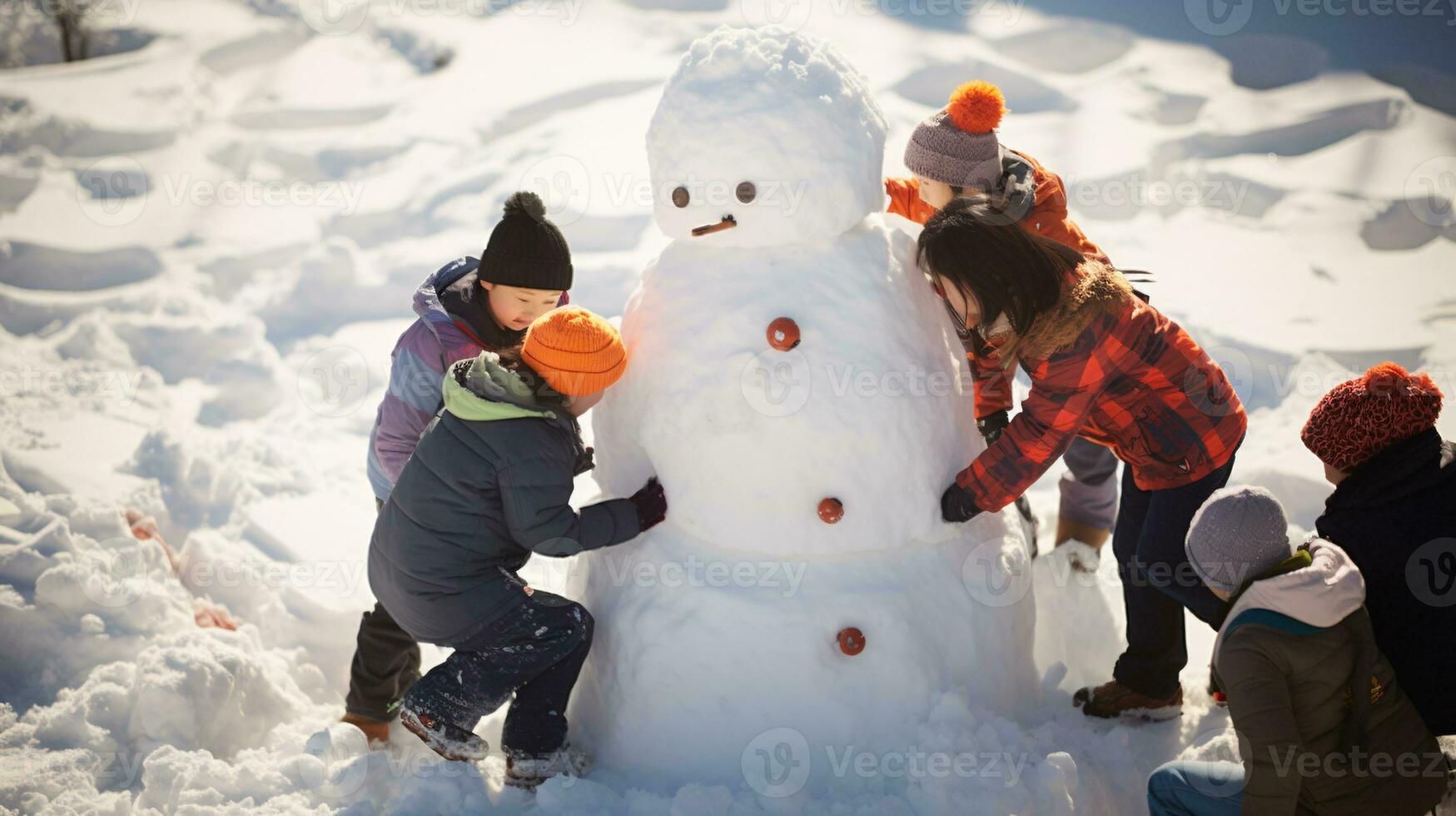 ai generative Children of different ethnicities building snowman in park with big snow blanket photo