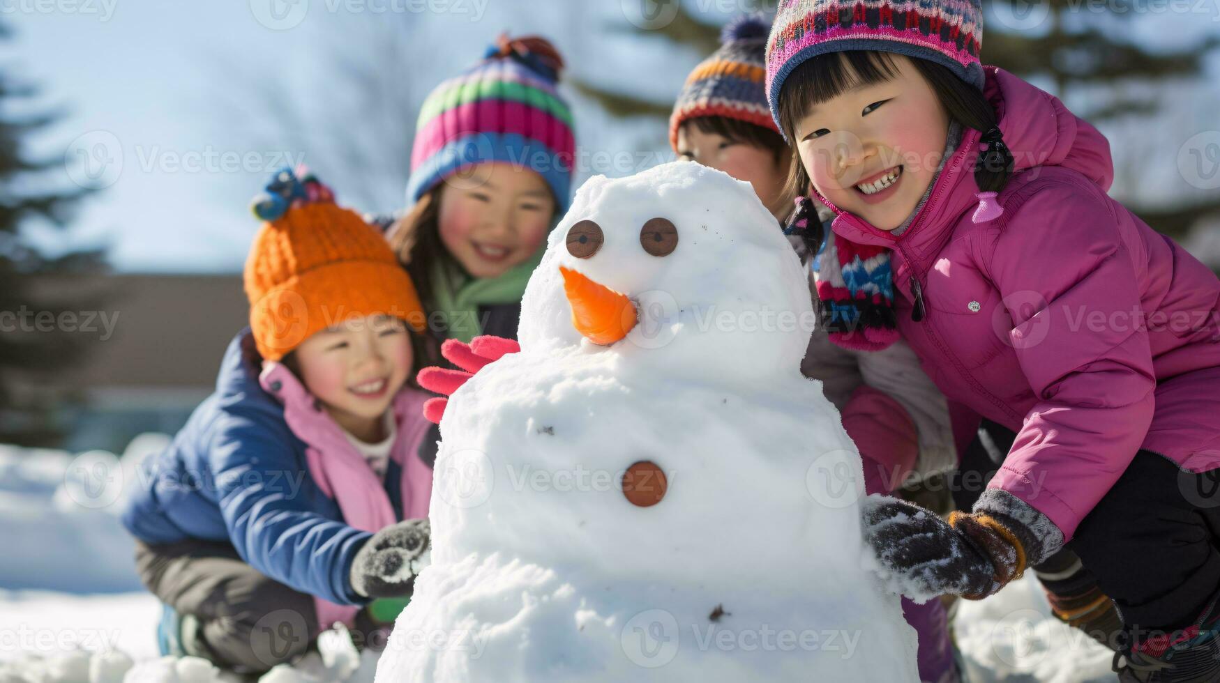 ai generative Children of different ethnicities building snowman in park with big snow blanket photo