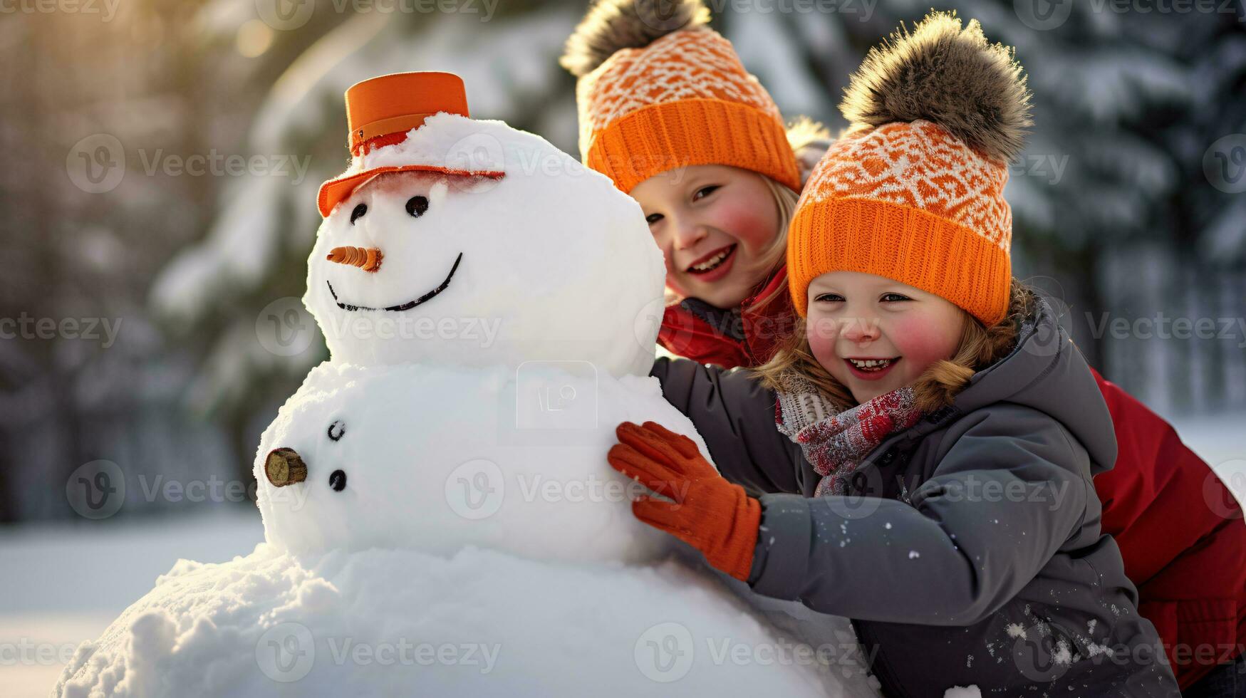ai generative Children of different ethnicities building snowman in park with big snow blanket photo