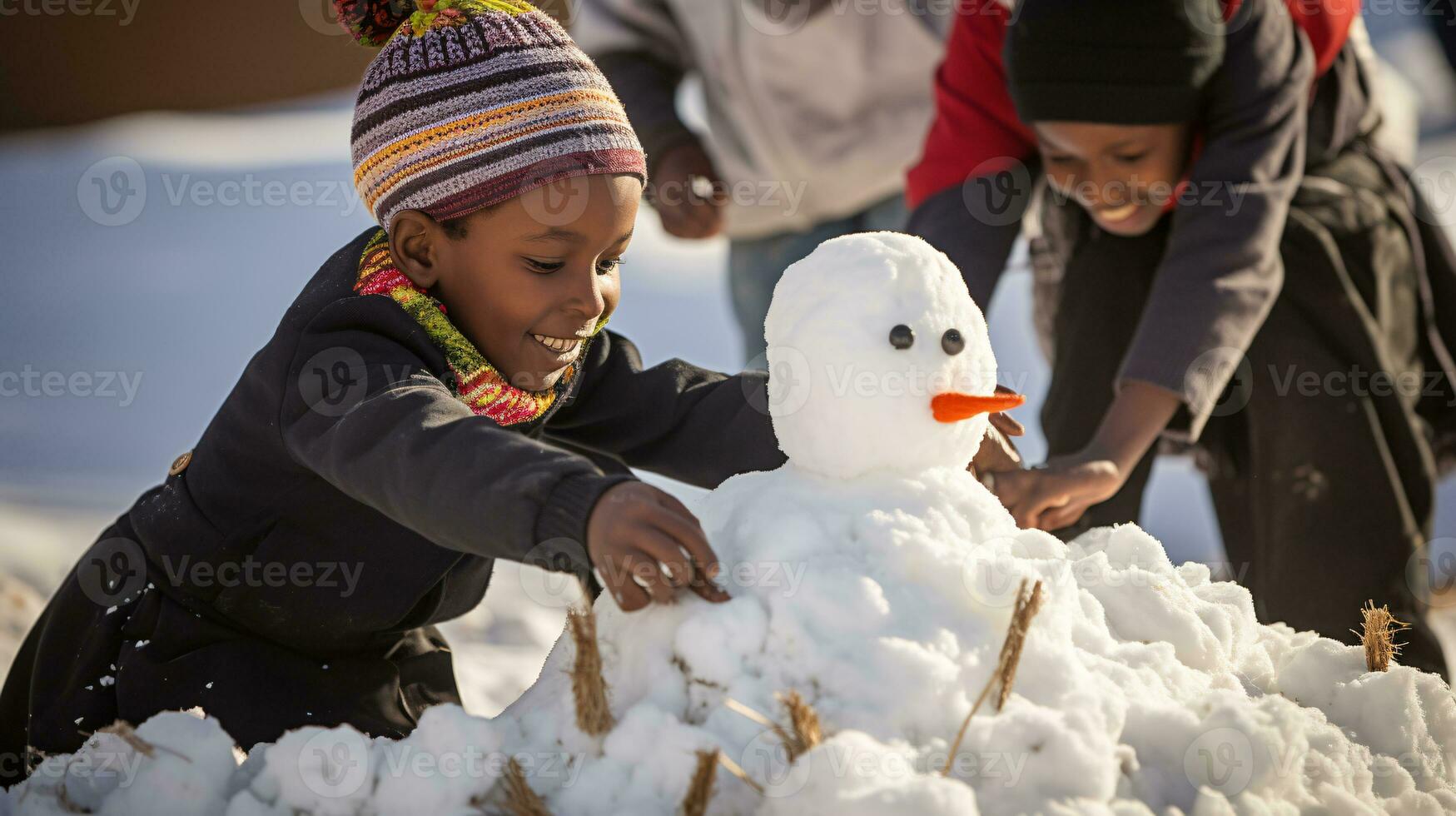 ai generative Children of different ethnicities building snowman in park with big snow blanket photo