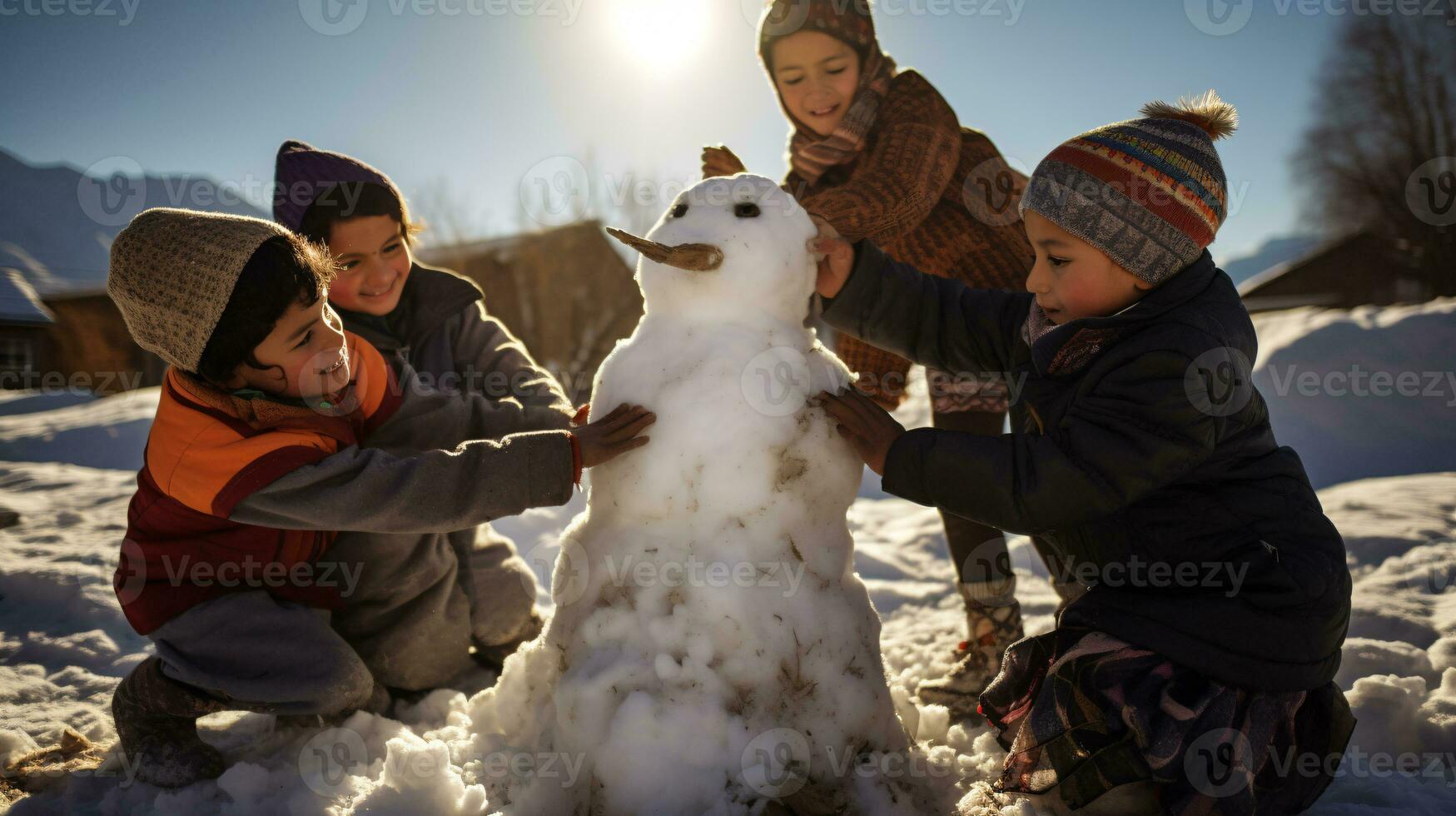 ai generative Children of different ethnicities building snowman in park with big snow blanket photo