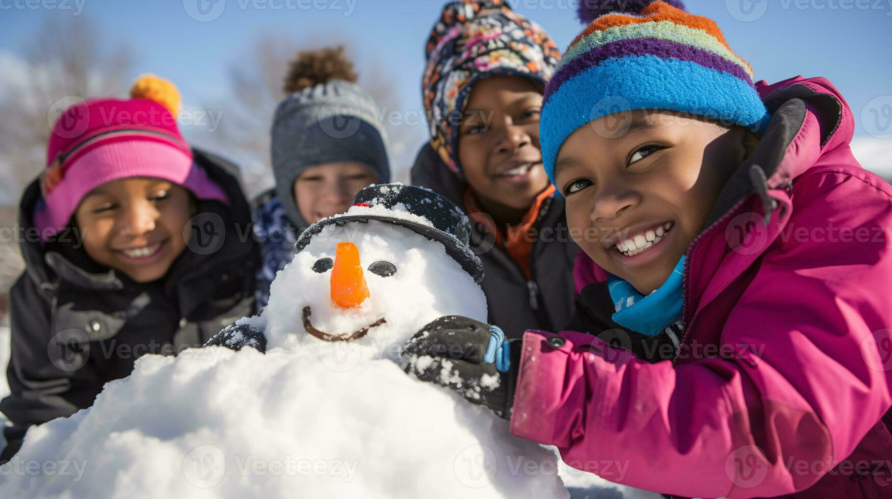 ai generative Children of different ethnicities building snowman in park with big snow blanket photo