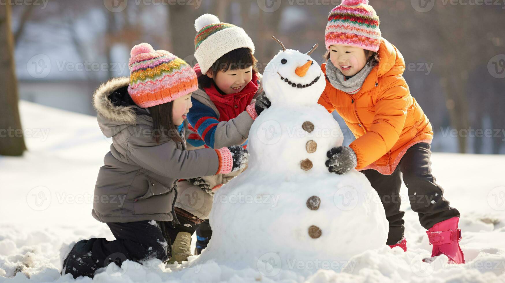 ai generative Children of different ethnicities building snowman in park with big snow blanket photo