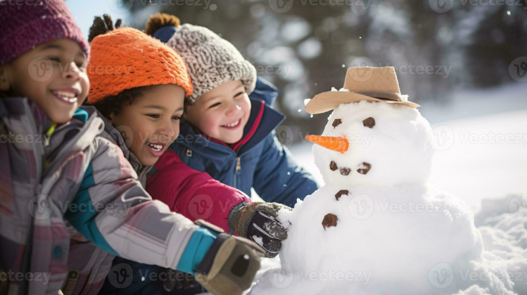 ai generative Children of different ethnicities building snowman in park with big snow blanket photo