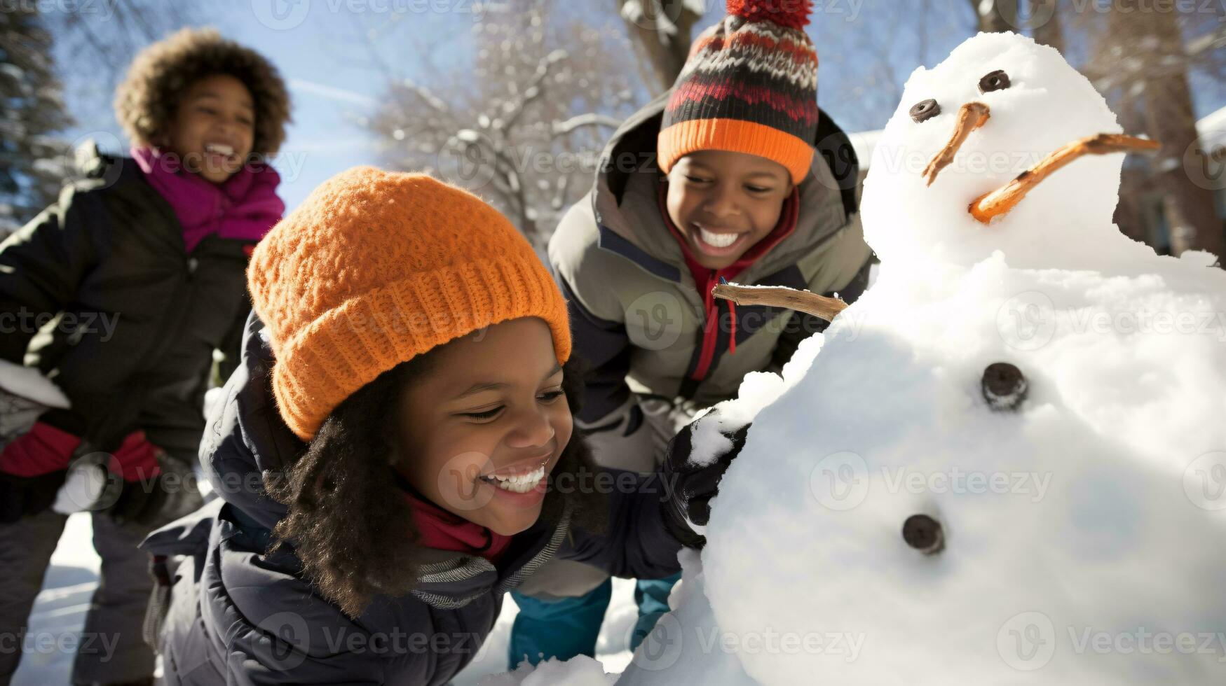 ai generative Children of different ethnicities building snowman in park with big snow blanket photo