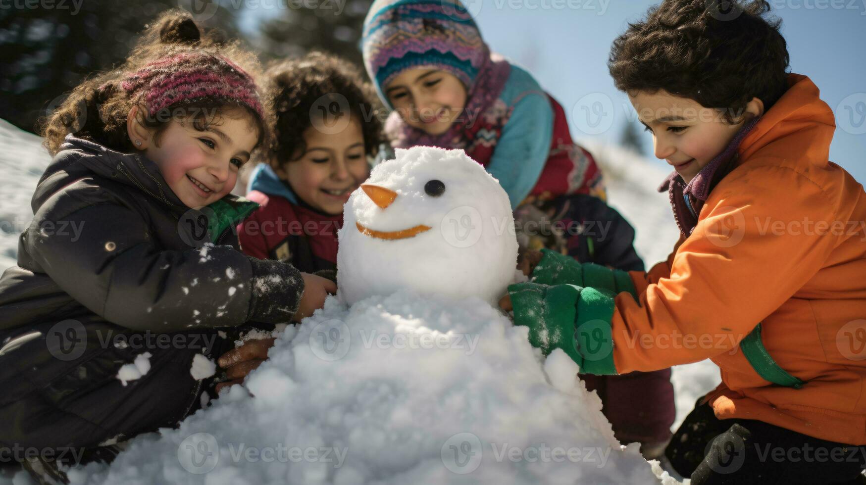 ai generative Children of different ethnicities building snowman in park with big snow blanket photo