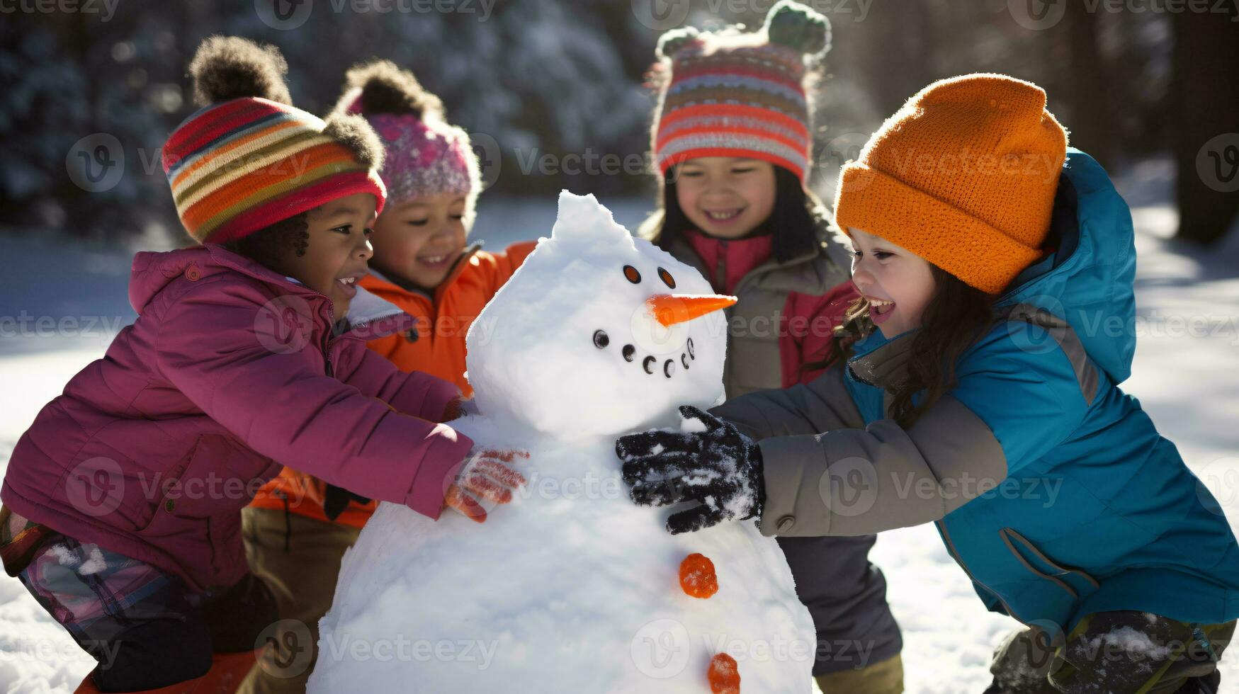 ai generative Children of different ethnicities building snowman in park with big snow blanket photo