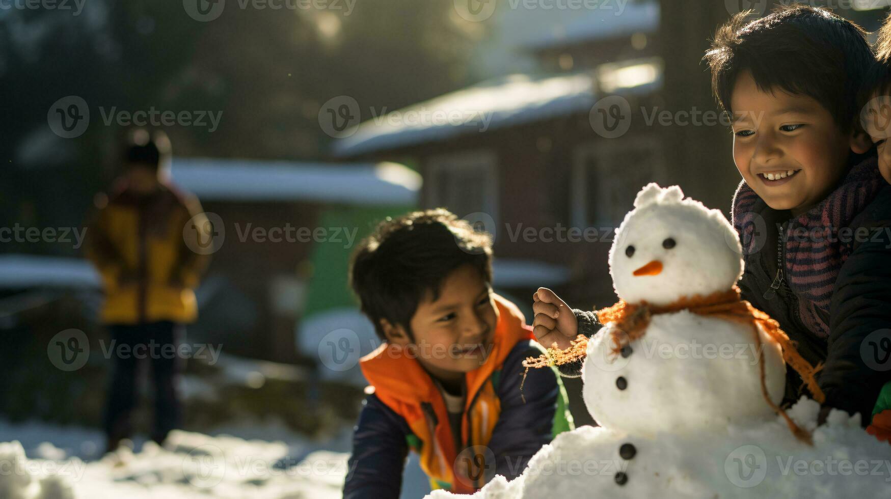 ai generative Children of different ethnicities building snowman in park with big snow blanket photo