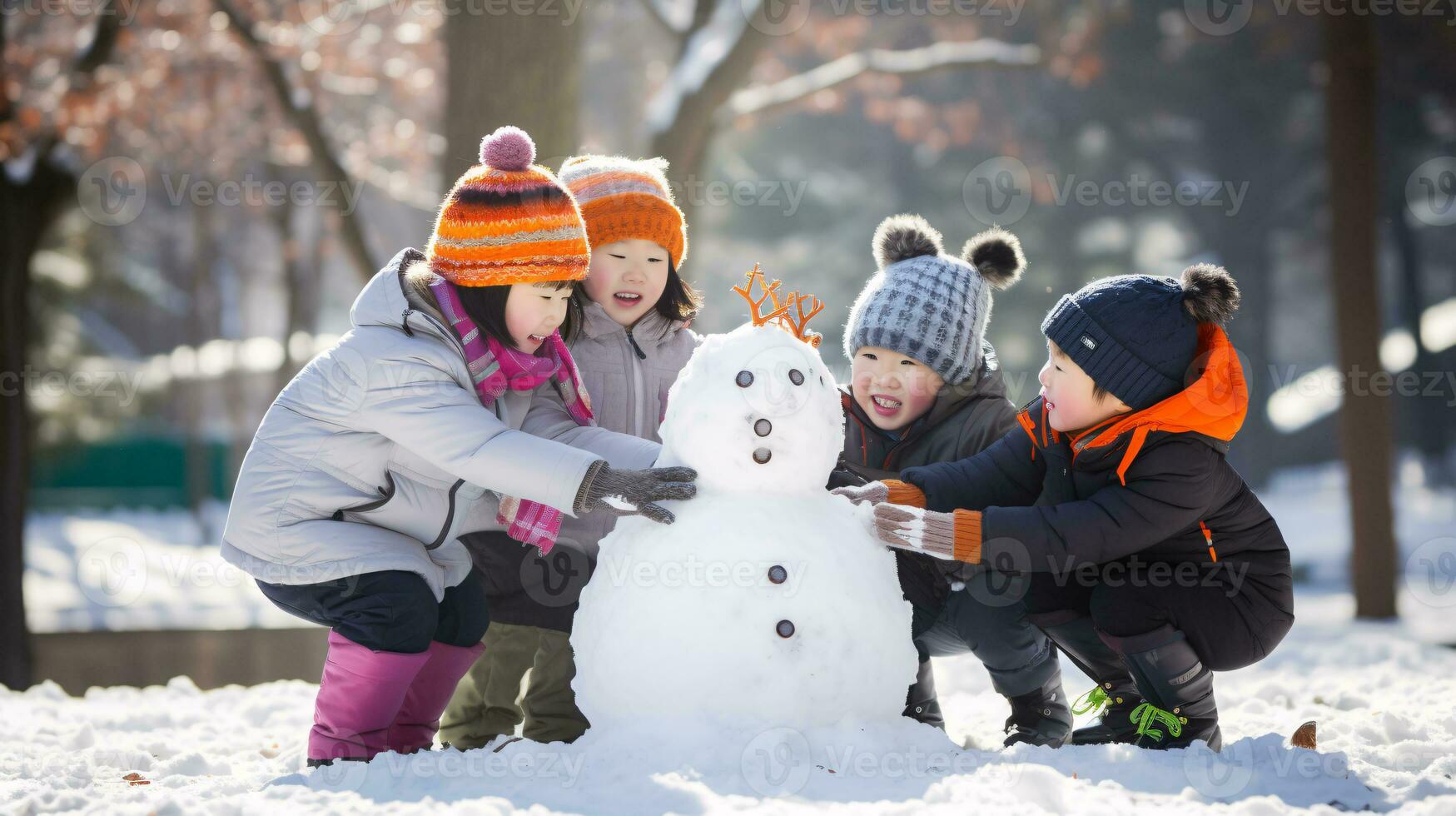 ai generative Children of different ethnicities building snowman in park with big snow blanket photo