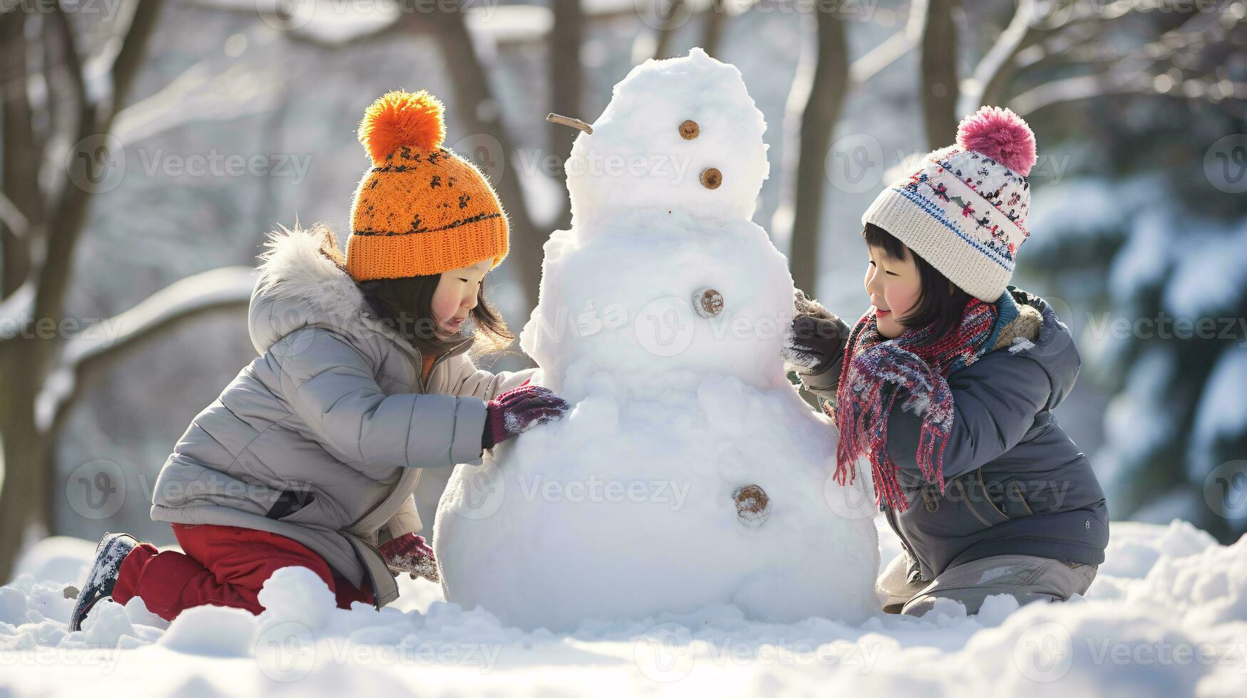 ai generative Children of different ethnicities building snowman in park with big snow blanket photo
