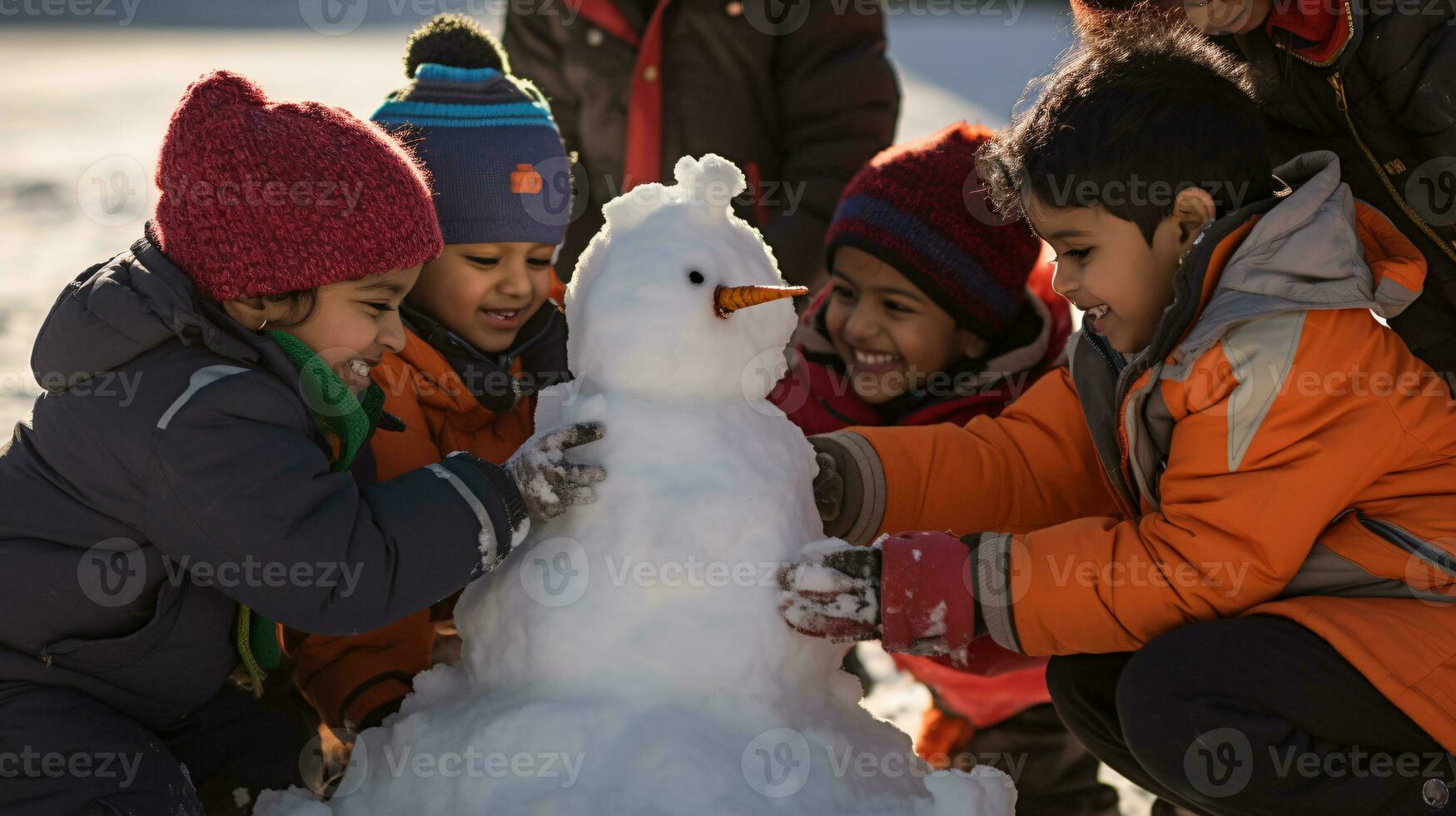 ai generative Children of different ethnicities building snowman in park with big snow blanket photo