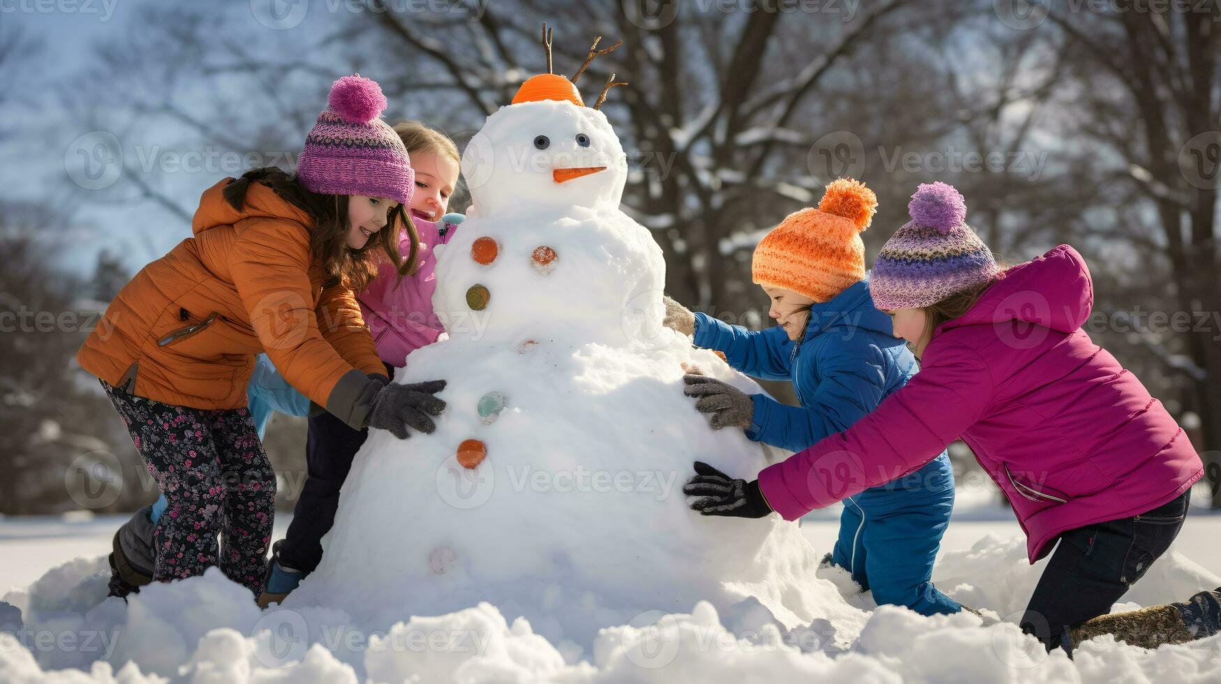 ai generative Children of different ethnicities building snowman in park with big snow blanket photo