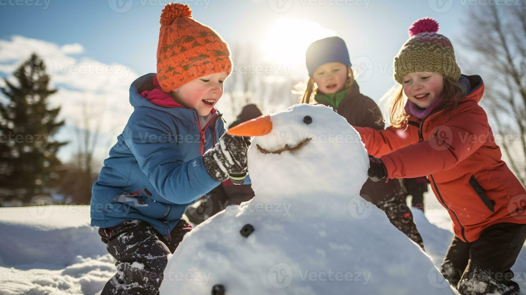 ai generative Children of different ethnicities building snowman in park with big snow blanket photo