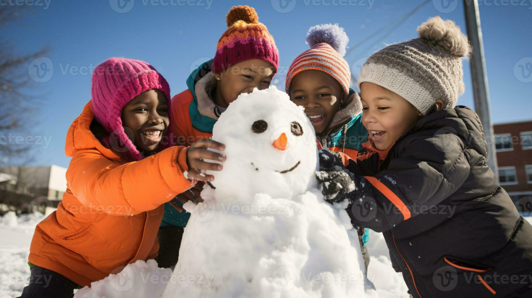ai generative Children of different ethnicities building snowman in park with big snow blanket photo