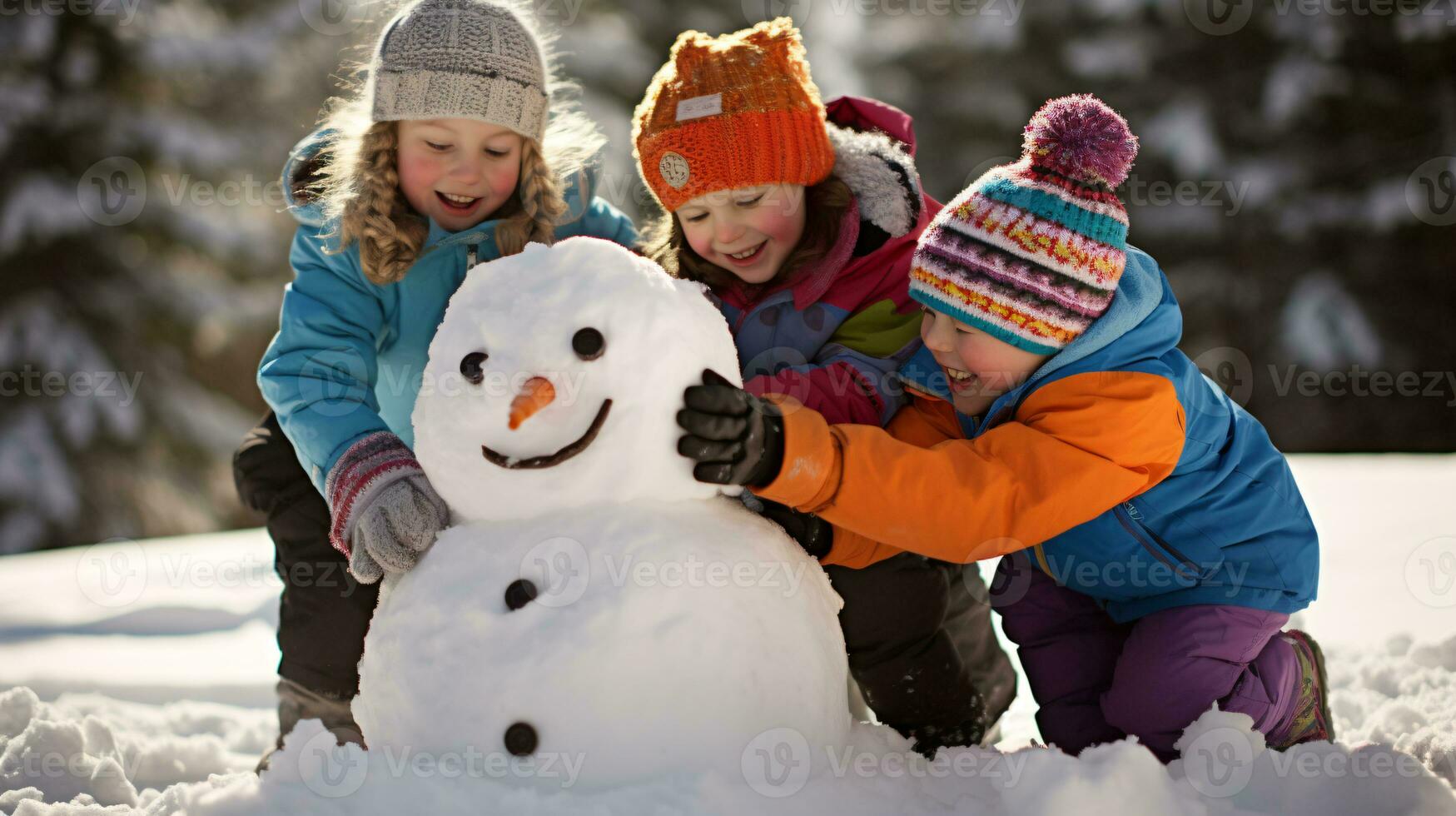 ai generative Children of different ethnicities building snowman in park with big snow blanket photo