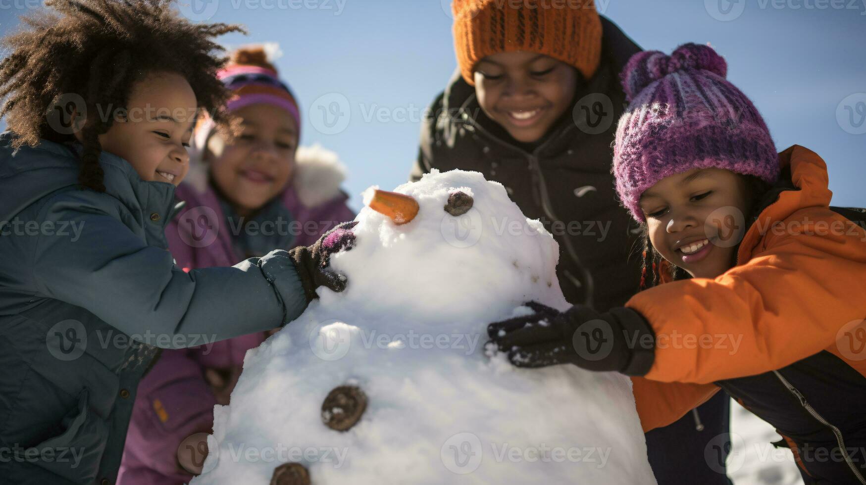 ai generative Children of different ethnicities building snowman in park with big snow blanket photo