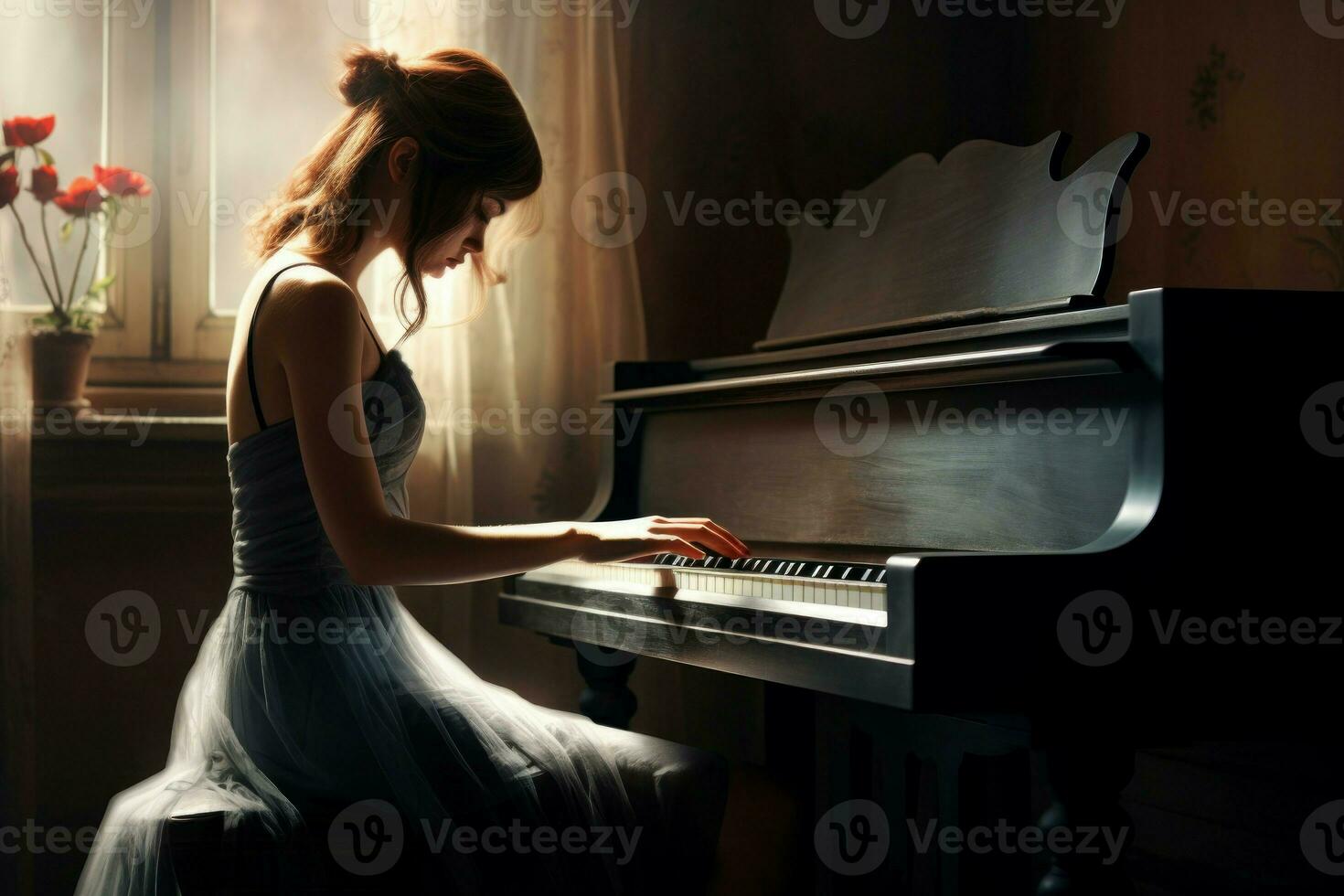 Talented Girl plays piano in light. Generate Ai photo