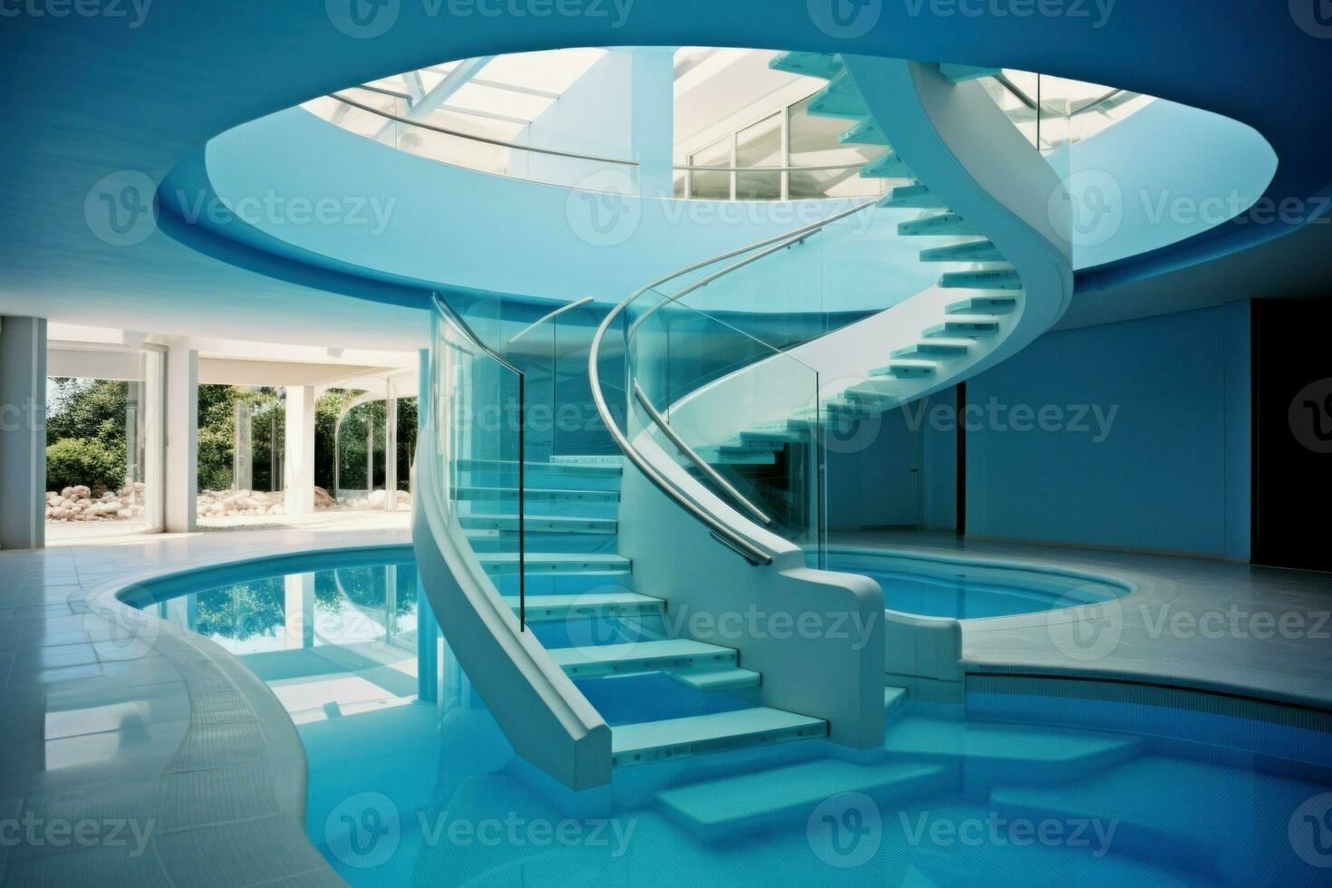 moderno nadando piscina con escaleras. generar ai foto