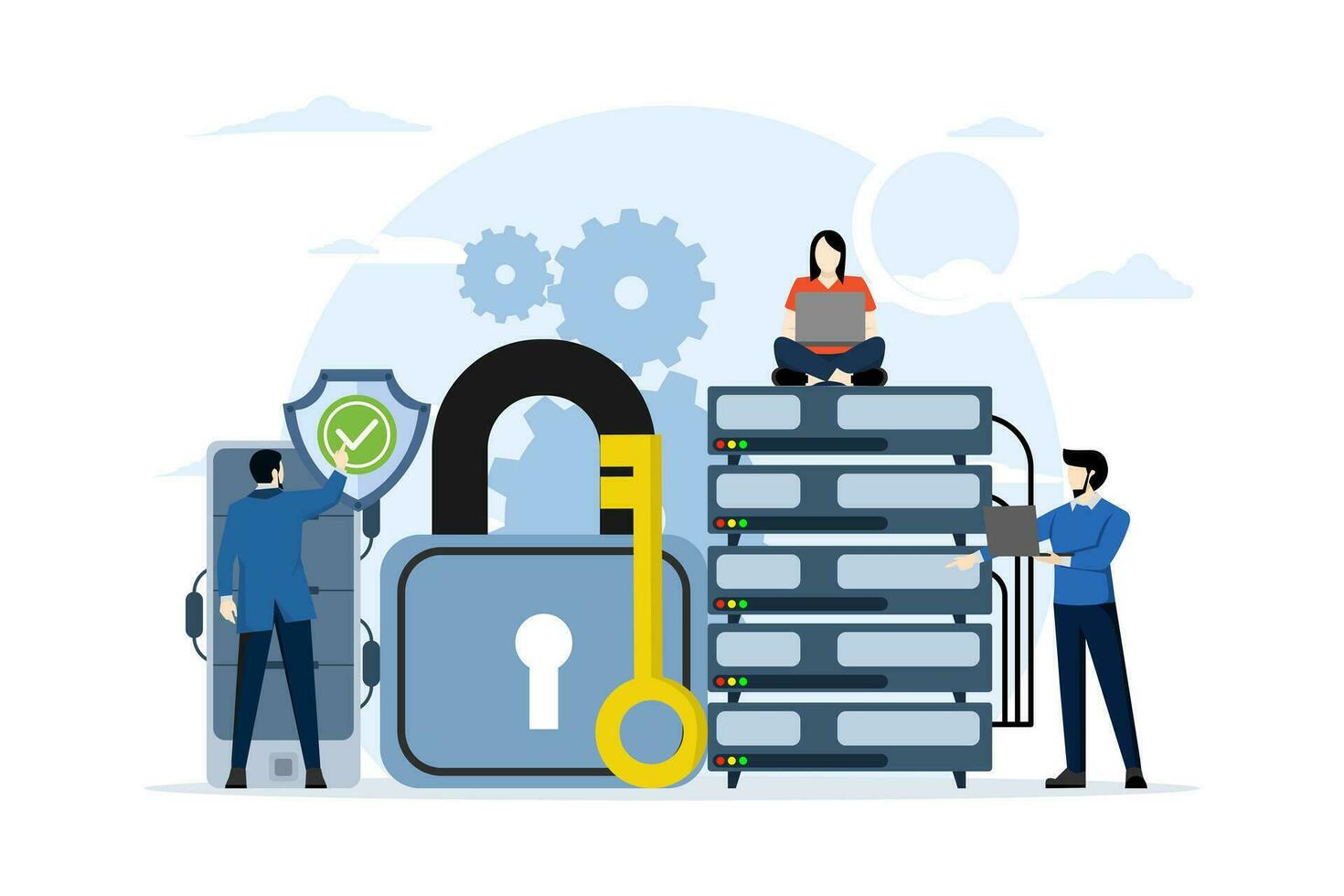 database security concept, data center, programming, engineer, technology, data transmission scheme, secure connection. server rooms, data centers, and databases. safe and secure flat vector. vector