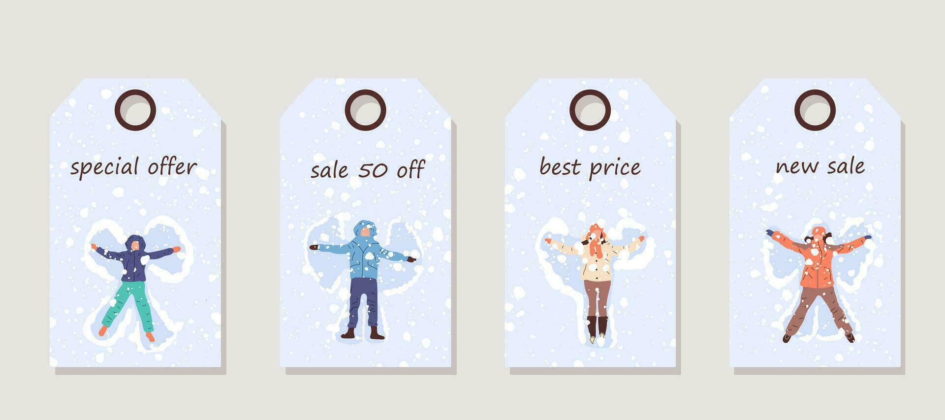 vector conjunto de descuento precio etiquetas etiquetas con contento personas haciendo nieve ángel. Navidad venta.