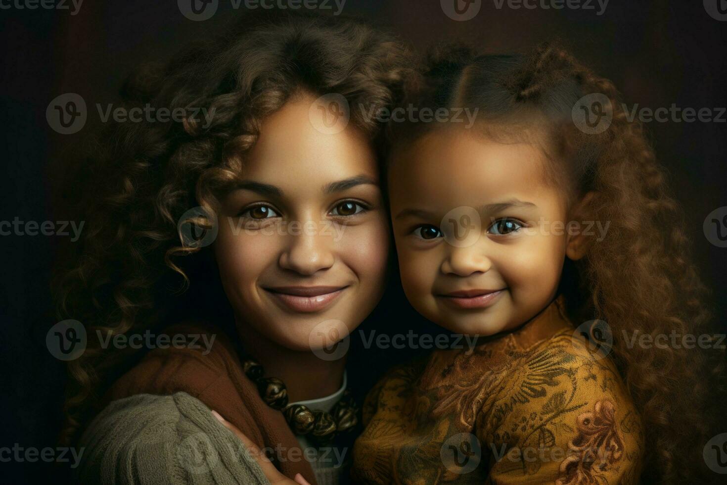 Young woman with little african kid photo shot. Generate Ai