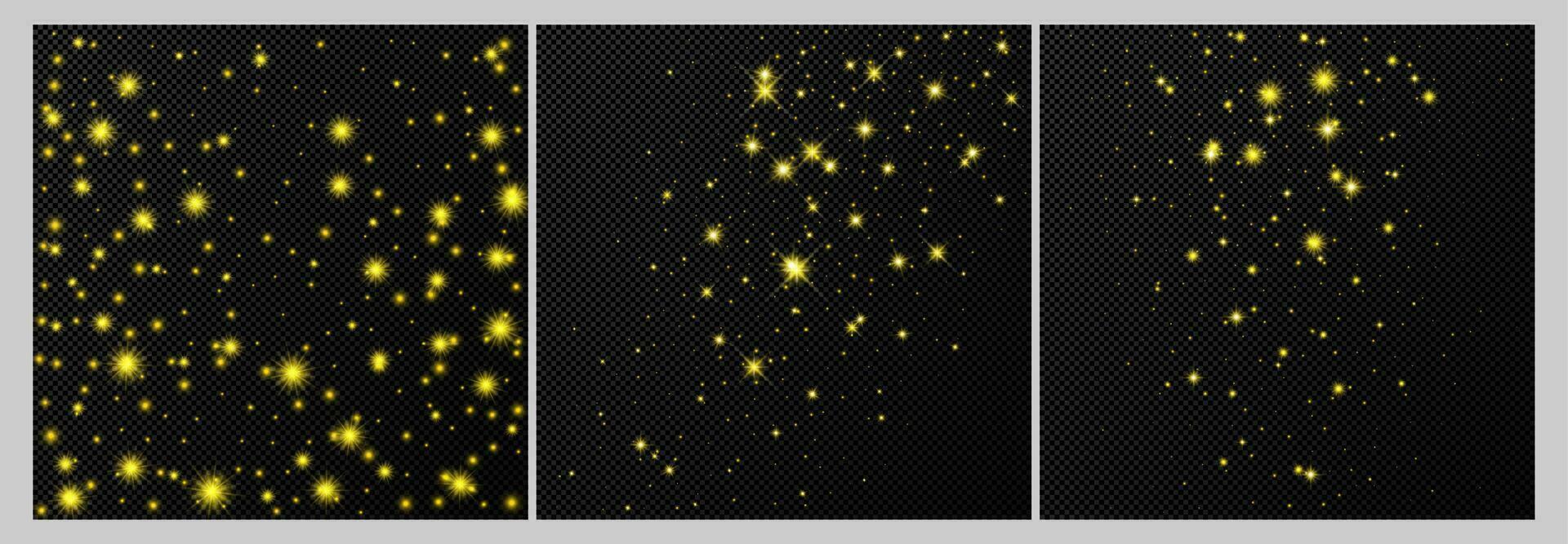 conjunto de Tres oro telones de fondo con estrellas y polvo destellos aislado en oscuro antecedentes. celebración mágico Navidad brillante ligero efecto. vector ilustración.