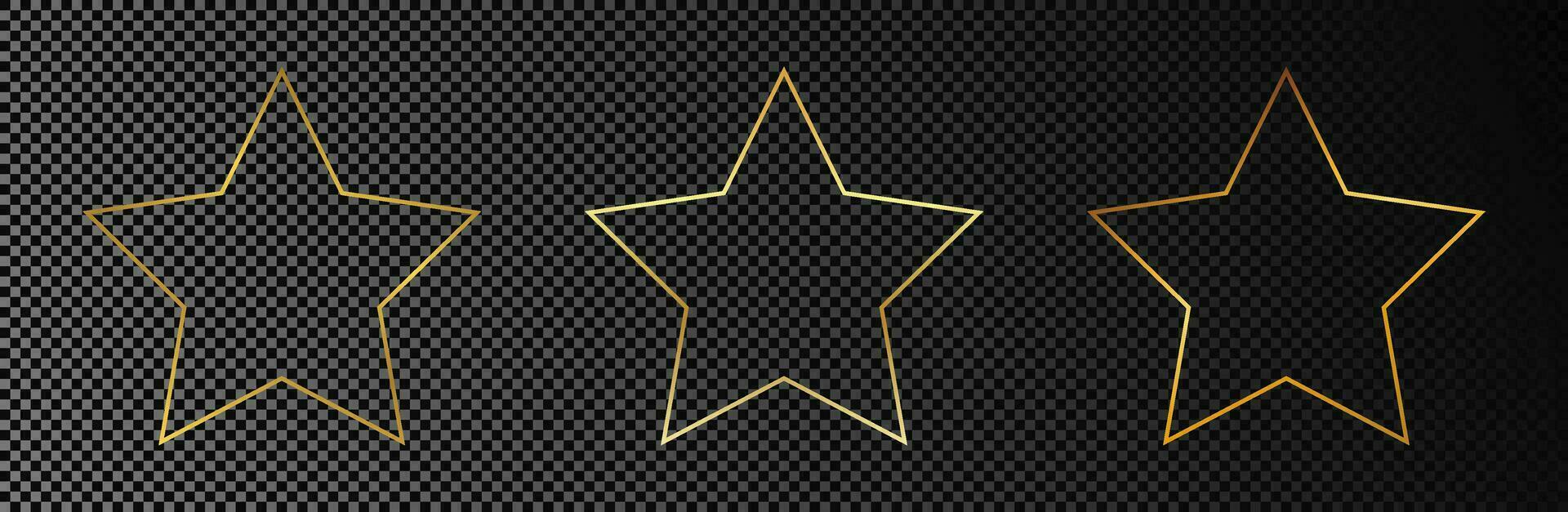 Set of three gold glowing star shape frames isolated on dark background. Shiny frame with glowing effects. Vector illustration.