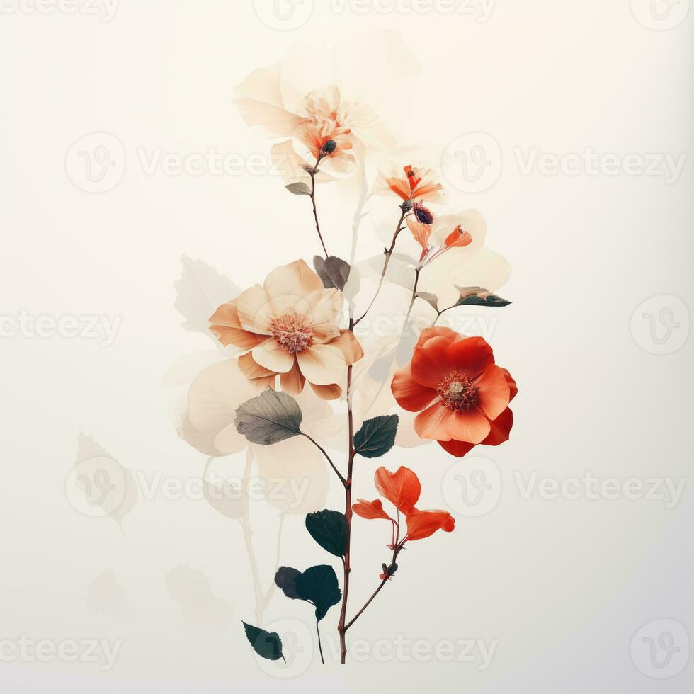 Minimalistic bouquet of flowers on a white background in vintage collage style. Postcard, poster, banner photo