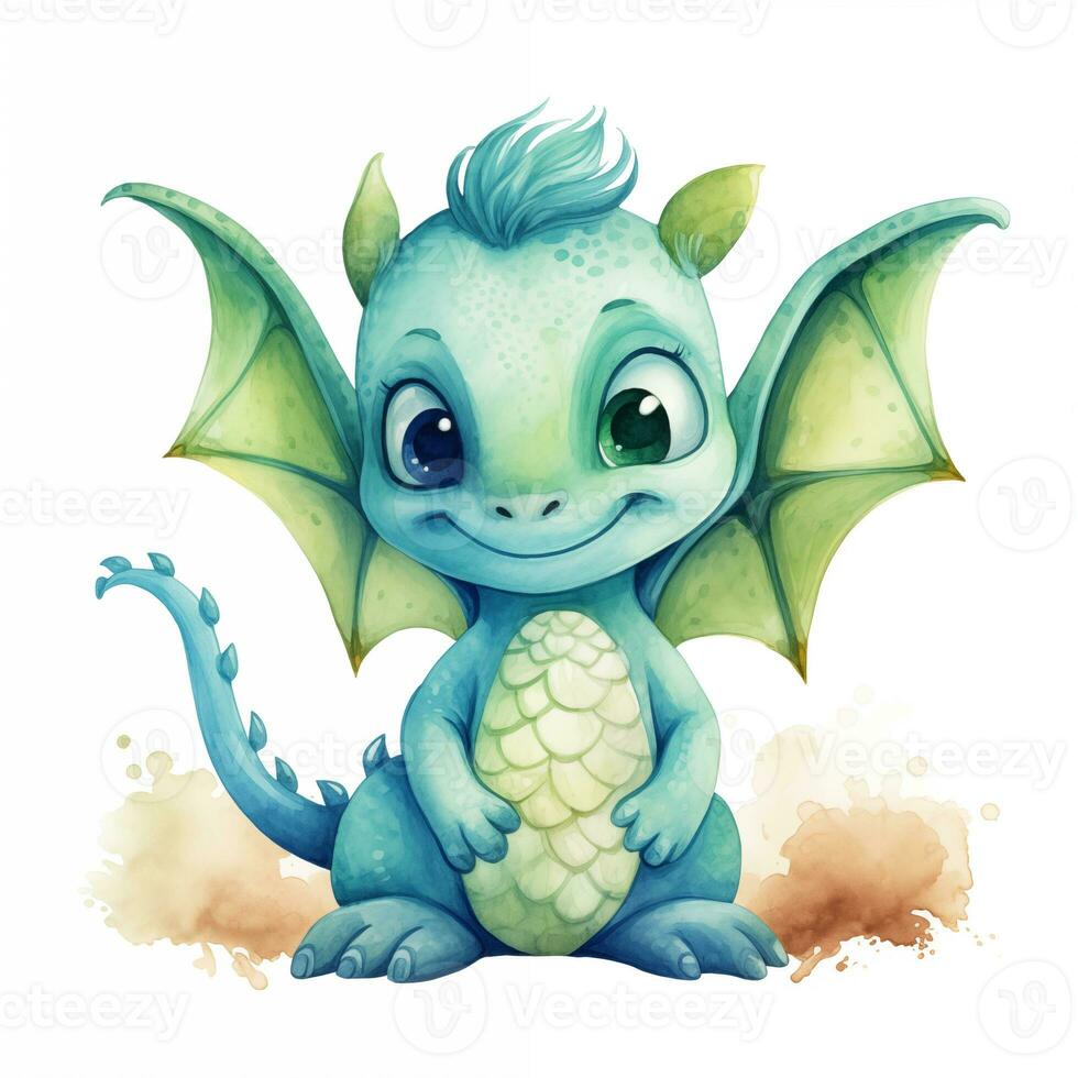 Cute watercolor little dragon baby illustration isolated clipart character photo