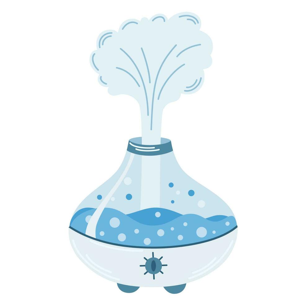 Air humidifier. Device for cleaning and humidifying air for the home. Air purification process. Healthy humidity. Vector illustration in flat cartoon style.